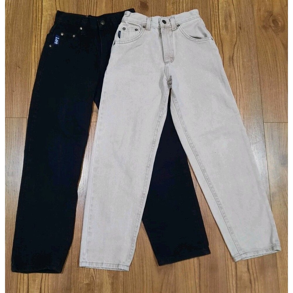 Vtg 90s Lee Boys Youth Riveted Jeans Sz 10 Slim Black / Tan Tapered High Waisted